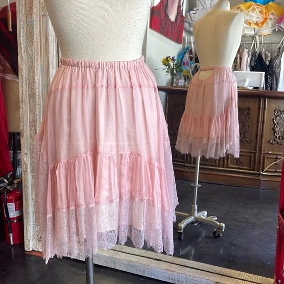 Blush pink silk metallic rose gold lace skirt high waisted skort shorts low back